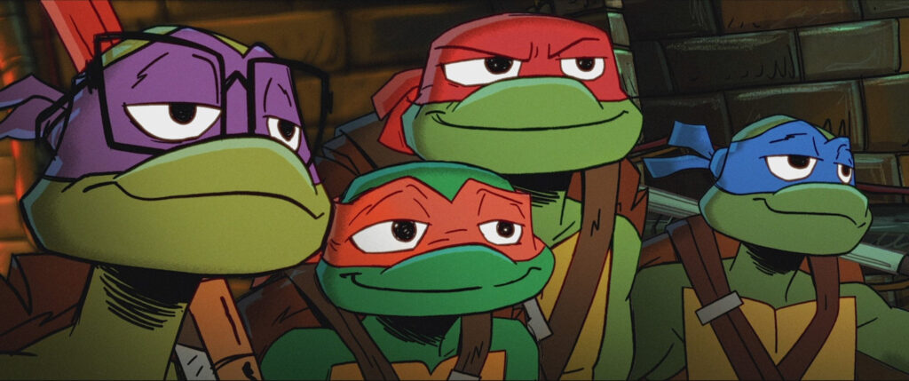 Micah Abbey as Donatello, Shamon Brown Jr. (The Chi) as Michelangelo, Nicolas Cantu as Leonardo, Brady Noon as Raphael, and Emmy® and Golden Globe® Award Winner Ayo Edebiri as April O'Neil in Teenage Mutant Ninja Turtles.