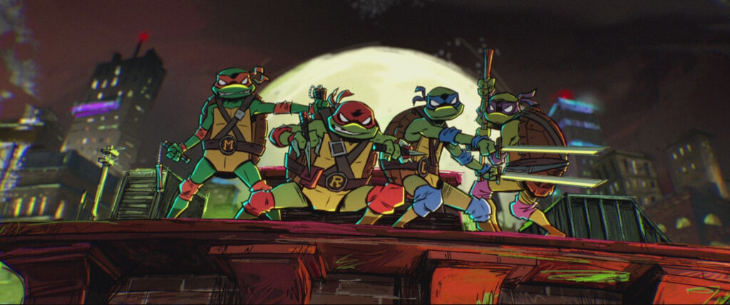 Micah Abbey as Donatello, Shamon Brown Jr. (The Chi) as Michelangelo, Nicolas Cantu as Leonardo, Brady Noon as Raphael, and Emmy® and Golden Globe® Award Winner Ayo Edebiri as April O'Neil in Teenage Mutant Ninja Turtles.