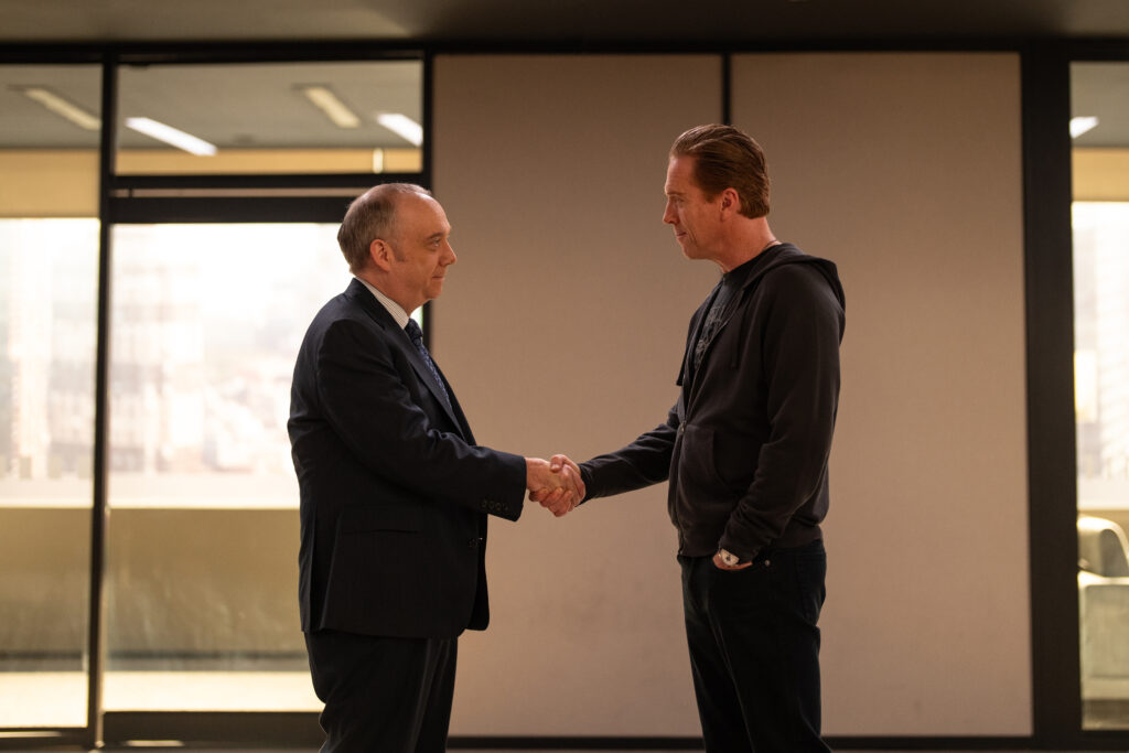 (L-R): Paul Giamatti as Chuck Rhoades and Damian Lewis as Bobby "Axe" Axelrod in BILLIONS, "Admirals Fund". Photo Credit: Christopher T. Saunders/SHOWTIME.