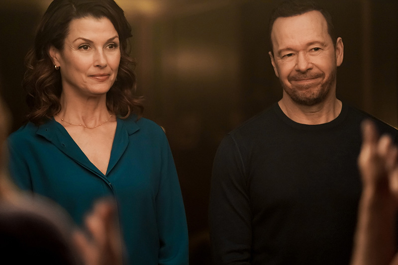 Erin Reagan (Blue Bloods alum, Boston Blue guest star – Bridget Moynahan), & Danny (Donnie Wahlberg) in Season 1 of Boston Blue
