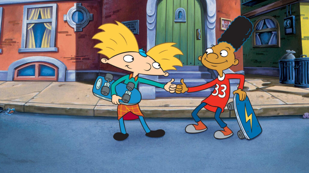 Animated characters Arnold, voiced by
Phillip Van Dyke, & Gerald Johanssen, voiced by Jamil Walker Smith, in Hey Arnold!