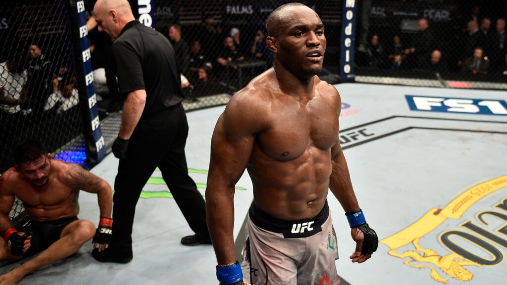 Kamaru Usman of Nigeria reacts after the conclusion of his bout against Rafael Dos Anjos of Brazil during The Ultimate Fighter Finale event inside The Pearl concert theater at Palms Casino Resort on November 30, 2018 in Las Vegas, Nevada.