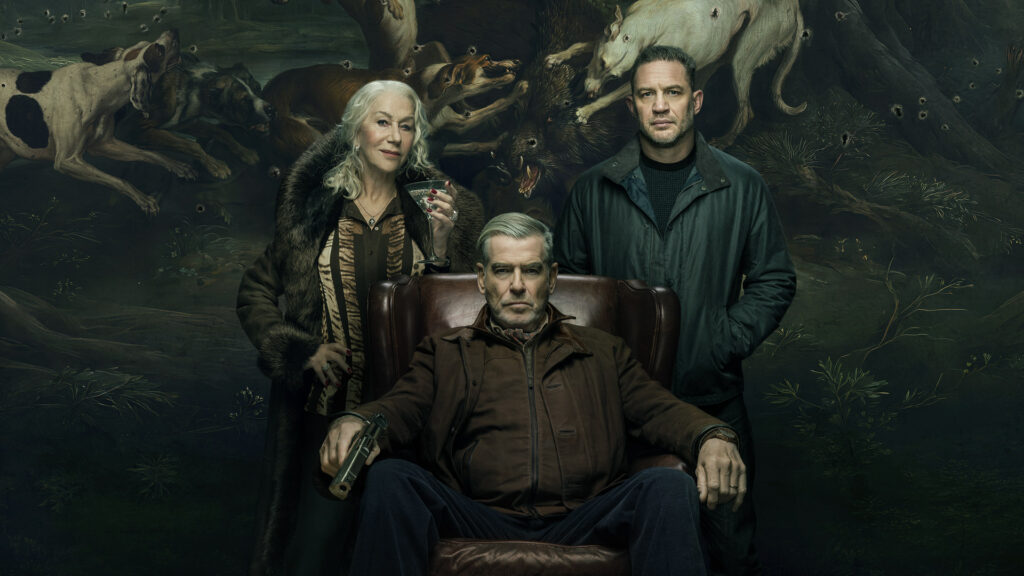 Key Art for MobLand Season 2, featuring Helen Mirren as Maeve Harrigan, Pierce Brosnan as Conrad Harrigan, and Tom Hardy as Harry Da Souza, streaming on Paramount+ 2026.