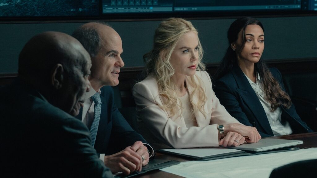 From left: Morgan Freeman as Edwin Mullins, Michael Kelly as Byron Westfield, Nicole Kidman as Kaitlyn, Zoe Saldaña as Joe, in Lioness Season 3.