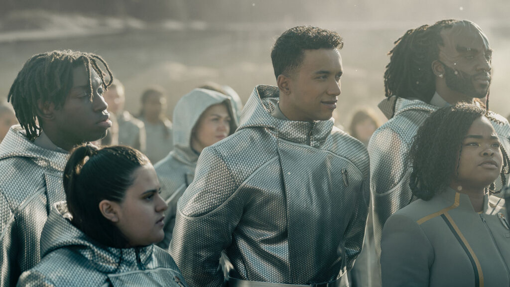 Sandro Rosta as Caleb, Kerrice Brooks as SAM, and Karim Diané as Jay-Den in Star Trek: Starfleet Academy Season 2