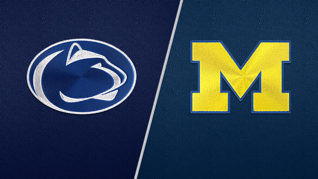 Logos of college football rivals Penn State and Michigan