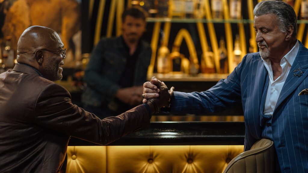 Samuel L. Jackson as Russell Lee Washington Jr., Garrett Hedlund as Mitch, and Sylvester Stallone as Dwight Manfredi in Frisco King