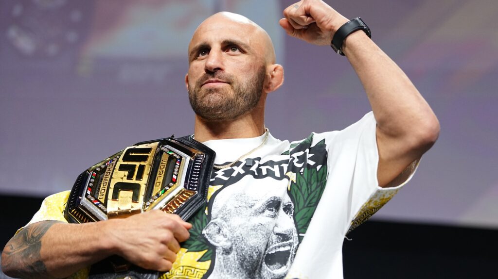 Alexander Volkanovski of Australia is seen on stage during the UFC 333 press conference at Crypto.com Arena on September 18, 2026 in Los Angeles, California.